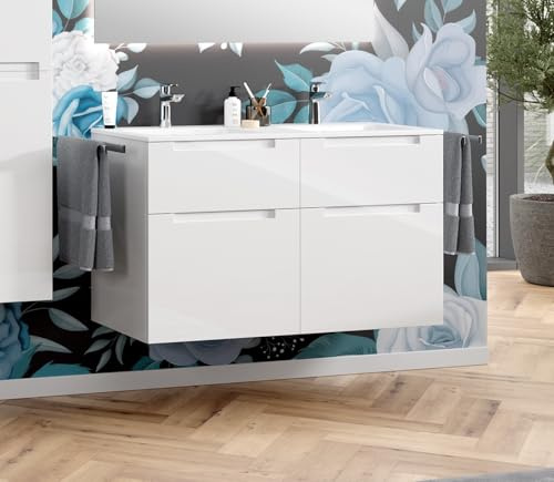 Zentrobad Premium Doppel-Waschbecken mit Unterschrank glänzend lackiert 120 cm Waschtisch Badmöbel Badezimmer Schrank Badschrank mit 4 Schubladen (Weiß glänzend)