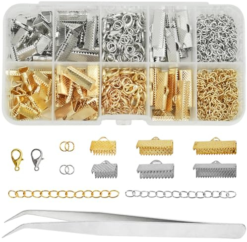 SHRJ Ribbon Crimp Clamp Ends Lobster Clasps Jump Rings Chain Extenders Bookmark Pinch Cord End Clasps with Tweezers for DIY Making Bookmark Pinch Bracelet Choker Necklace, Gold Silver