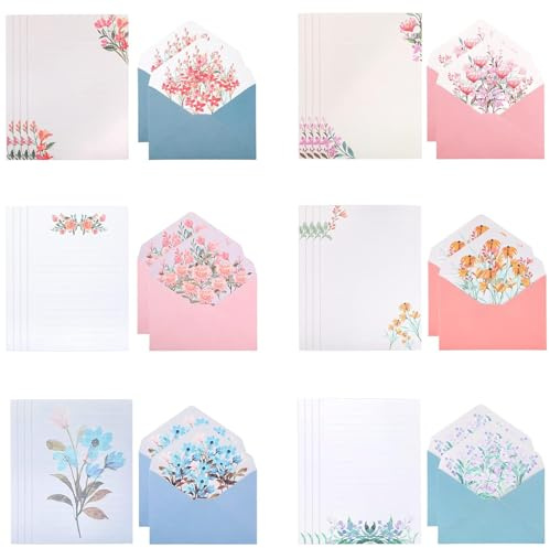 12 Writing Paper+6 Envelopes,18 PCS Stationery Set with Envelopes, Envelopes Set Unique Flower Design Writing Paper,Cute Lined Stationery Paper for Office Home School Invitation Gifts (Multicolor-02)
