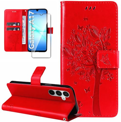 Dcjlbo Coque pour Samsung Galaxy A17 4G/5G Antichoc Etui Protection-Rouge | Étui avec Verre Trempé Motif Porte Carte,Portefeuille Cuir Housse Rabat,Support Réglable Antidérapante à Rabat Pochette Case