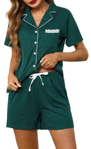 Lovasy Pyjamasknappar för kvinnor, kortärmad sommarpyjamas för kvinnor, bomull, kort set 2 delar med fickor, Mörkgrön, L