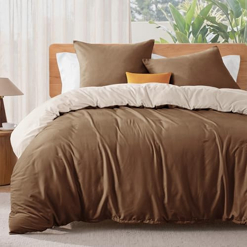 Exclusivo Mezcla Funda Nordica Bicolor Cama 135/150 - Funda Edredón 220x240cm y 2 Fundas de Almohada 80x80cm de Microfibra, Reversible, Suave y Confortable, Marrón