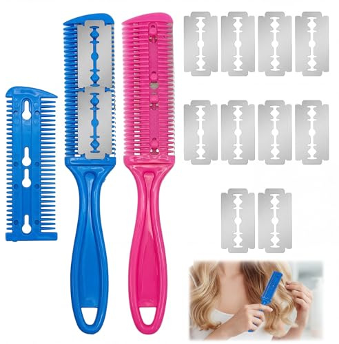 Peine Con Cuchilla, Virtud De Doble Cara Cortador De Puntas Abiertas Cabello, Navaja Barbero Para Uso En Peluquerías Salones De Belleza y Cortes De Cabello En El Hogar (Azul y rojo)