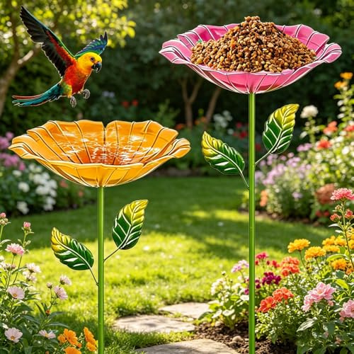 Mangiatoia per Uccelli,2 Pezzi Abbeveratoio per Uccelli in Metallo,Vasca per Uccelli Autoportante da Esterno con Supporto,Decorazione Vintage da Giardino,per Balcone Giardino Cortile
