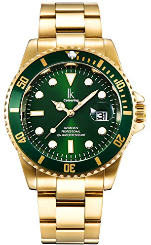 Alienwork Armbanduhr Herren Damen Gold Edelstahl Metallarmband Kalender Datum Grün Elegant
