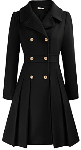 GRACE KARIN Womens Formal Wool Blends Coat Lapel Collar Button Down A-Line Pleated Dress Coat for Work Black XL