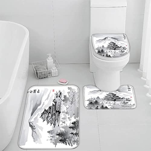 Badematten set 3D 40x60 Tinte Landschaft Badezimmerteppich-Set absorbierend 3-teiliges maschinenwaschbare weich badteppich schnell trocknend Kirschblüten Landschaft Badvorleger mit wc deckelbezug