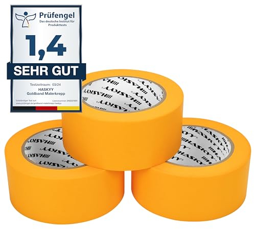 HASKYY Goldband Malerkrepp Kreppband 3x Malerband 50mm x 50m Profi Abdeckband Malertape Klebeband Washi Tape Gold Papiertape Selbstklebend