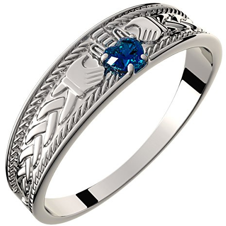 GWG Jewellery 925 Sterling Silver Claddagh Ring with Heart Shaped Sapphire Blue Stone, Hands, and Crown – 7 in Gift Box for Women