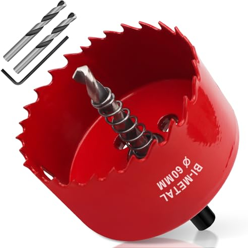 Yeepeo Scie Cloche 60mm, HSS M42 Bi-Métal Scies-cloches Bois, Scie à Trous Avec Adaptateur et Foret de Centrage idéale pour Bois, Plaque de Plâtre, Cloison Sèche, Plastique, 1 pièce Rouge
