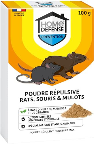 HOME DEFENSE HDRONGPR - Poudre Répulsive Rats, Souris et Mulots 100 g - Poudre à l'huile de margosa et de géraniol - Action barrière immédiate, durable - Maison et abris d'animaux - Fabriqué en France