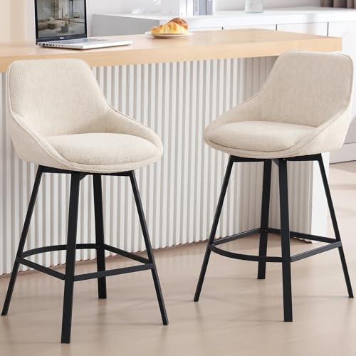 Zesthouse Swivel Bar Stools Set of 2, 26'' Modern Counter Height Bar Stools with Low Backs & Metal Legs, Upholstered Metal Counter Height Chairs, Beige Linen Fabric Island Chairs for Kitchen Counter