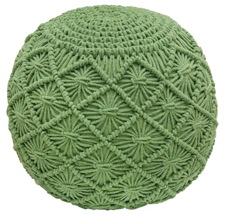 COTTON CRAFT Macrame Braided Pouf - Knitted Cotton Cord Comfortable Round Dori Pouf - Prefilled Ottoman Footrest Bean Bag - Stuffed Boho Moroccan Accent Seating - Nursery Bedroom Dorm - 20x14 - Green