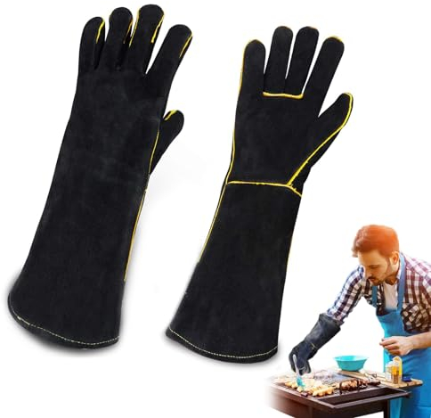 Fire Gloves for Wood Burners - Fireproof Leather BBQ Gloves, Heat Resistant Mitts for Barbecue, Welding, Fireplace, Large Glove for Oven, Baking, Stove, Pot Holder and Animal Handling
