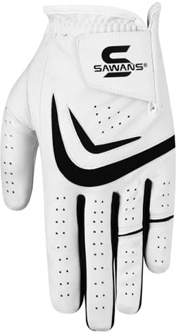 SAWANS Golfhandschuh für Herren, für die Linke und rechte Hand, Rutschfester Ledergriff, Golfhandschuhe für jedes Wetter, weich, langlebig (Weiß, M, Linke Hand (für Rechtshänder-Golfer))