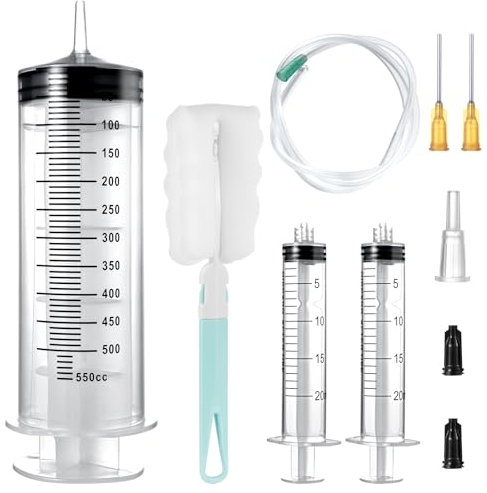 GOTRUST Grande seringue en plastique de 500 ml, 20 ml avec tuyau, aiguille émoussée de 17 g, réutilisable, grande seringue en plastique pour huile moteur, laboratoire, alimentation animale, jardin