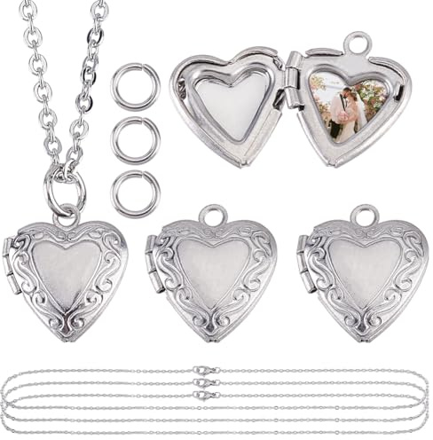HOBBIESAY 4 Sets Heart Locket Necklace Stainless Steel Photo Locket Pendant Love Shape Memory Charms Metal Heart Photo Frame Pendants for Valentine Gifts Necklace Jewelry Making