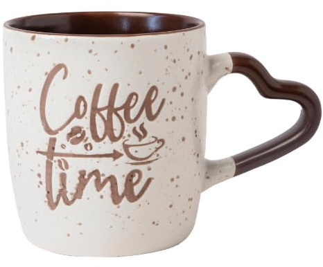 Speckled Glaze Bone China Heart Handle Ceramic Mug 350ml Cream Coffee Cup, Cute Tea Cup for Hot Drinks Valentine’s Gift Mug Assorted Designs (Mocha)