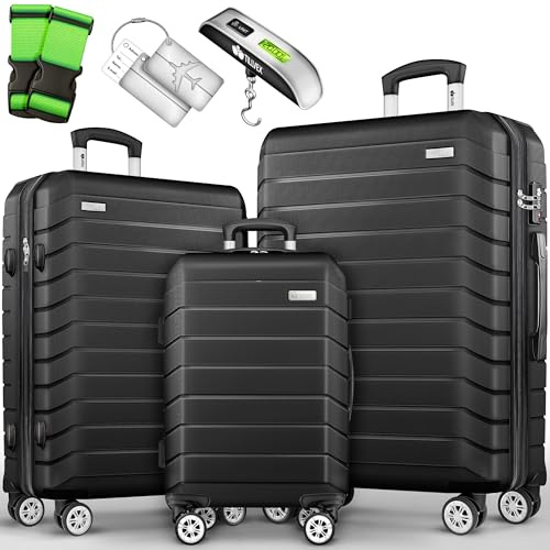 tillvex® Set di 3 valigie da viaggio + bilancia per bagagli, 3 cinghie per valigie e 3 etichette per bagagli, set da 4 ruote, trolley valigia TSA, serratura rigida M-L-XL, Nero