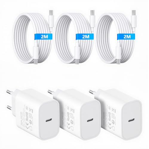 3 pack USB C 25W laddare laddningskabel, med 2x typ C-kabel och 1x Lightning-kabel 1.8M, 25W USB C mobiltelefon nätadapter väggladdare kompatibel med iPhone 16/15/14/13/12/11/iPad/Galaxy S21/S22/S23