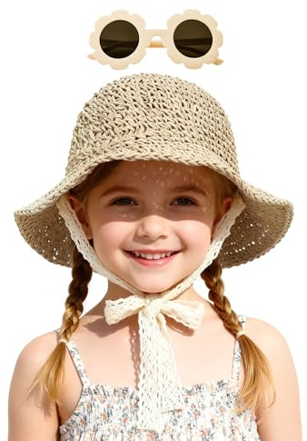 Zando Straw Baby Sun Hat with Sunglasses Toddler Bucket Hat Beach Infant Boys Girls Adjustable Cap Wide Brim With Lace Bowknot for Outdoor Summer Sun Protection Accessories Beige 12-24 Months
