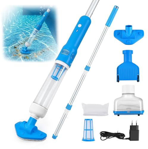 Aspirapolvere Piscina, Aspirapolvere Ricaricabile 3-in-1 con Palo Telescopico Regolabile (120cm-185cm), 70 Minuti di Funzionamento Aspirapolvere Pavimento Piscina per Piscine