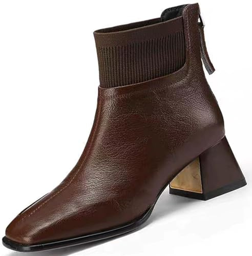 SHLivweary Elegantes botines de punta cuadrada para mujer con cremallera trasera, estilo retro, casual, de piel sintética, tacón grueso, de punto, zapatos cortos, Brown, 38 EU