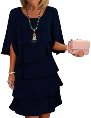Vestido Elegante para Mujer con Mangas De Volantes En Capas; Vestido Mini De Corte Fluido Y Cuello Redondo, Ideal para Fiestas Y Bodas; Diseño Escalonado con Manga 3/4