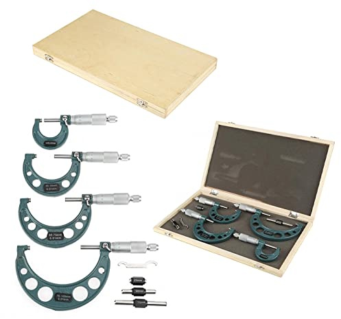 Jeanoko Micrometro Esterno 4 Pezzi, Misuratore di Spessore Metrico 0-100 Mm, Precisione 0,01 Mm con Custodia in Legno per Lunghezza, Diametro, Spessore
