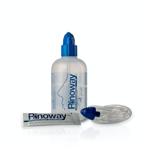 Kit de lavado nasal/neti pot/irrigador nasal Rinoway. Botella de lavado nasal de 250 ml, 15 paquetes sal lavado nasal, boquilla nebulizadora y tubo. Lavado nasal a presión o nebulizado para bebés.