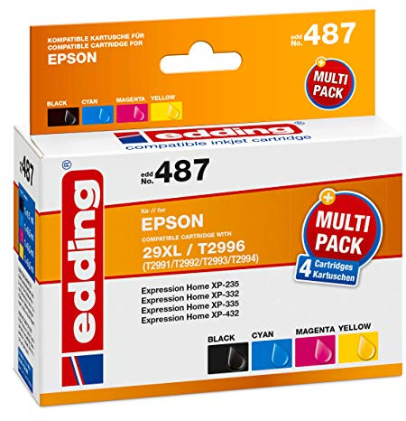 edding Druckerpatrone EDD-487 - Multipack 4 - Schwarz, Cyan, Magenta, Gelb - 1x 15 ml + 3x 8,5 ml - Reichweite 1x 665 3x 625 Seiten - Ersetzt Epson T29XL (T2991/92/93/94)