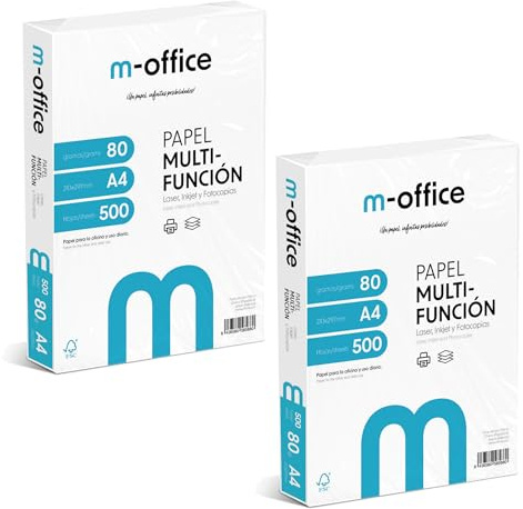 Paquete Folios A4 80gr, 2 Paquetes de 500 hojas, Papel Multifunción para Impresora Inkjet y Láser, Hojas A4 210 x 297 mm Ideales para la Oficina como para el Hogar · m-office (1000 hojas)