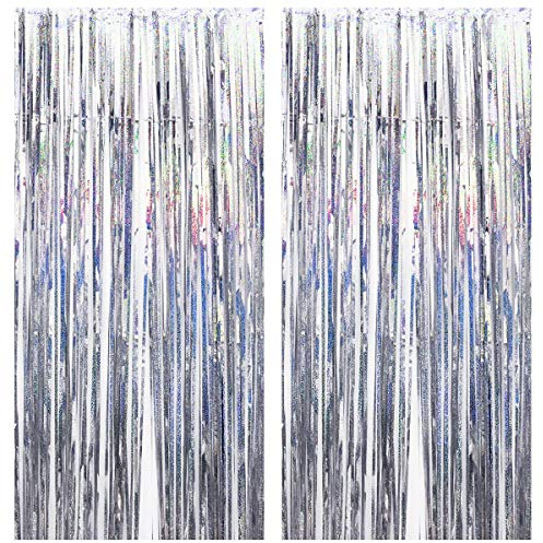 Disino 2 STK Silber Folie Fransen Vorhang, 1 x 2 m Laser Metallic Tinsel Vorhänge Hintergrund Lametta Vorhänge, Glitzer Fringe Schimmer Vorhang für Hochzeit Geburtstag Party Tür Fenster Dekorationen