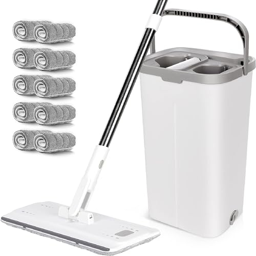 MASTERTOP Wischmopp Set mit Eimer, Flachmopp Bodenwischer mit 5 Mopp Pads und Langem Griff, 2 in 1 Putzeimer mit Wischmop, Mikrofaser Wischmopp mit Auswringfunktion für All Boden-Weiß