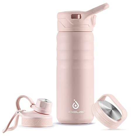 IDEUS Vacuum Insulated Water Bottle 540ml/18oz, Leak-Proof Stainless Steel Water Bottle, Double Wall Flask, Metal Sports Canteen with 2 Lids