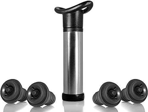 Bomba de vino tinto, bomba de vacío de ahorro de vino hecha de acero inoxidable para preservar el vino, bomba de vino para eliminar el aire y la preservación de vino sellada al vacío, con 4 tapas de