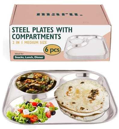 MARU Stainless Steel Dinner Plates with 2in1 Compartment Section Set of 6, Durable & Large Bhojan Thali Plates, Perfect for Breakfast, Lunch & Dinner, Ideal for Serving Indian Meals – Lightweight