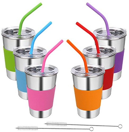Rommeka Kids Tumbler with Lids and Straws, 16oz Stainless Steel Cups with Colorful Sleeves, Unbreakable Smoothie Drinking Water Mug, Apply for Adults & Children