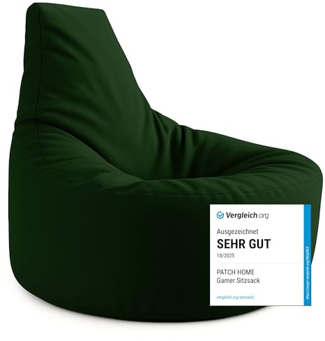 PATCH HOME Gamer kudde & lounge sittsäck fåtölj sittdyna sittsäckar gaming, redo med frigolitfyllning lämplig för inomhus- och utomhusbruk (mörkgrön, Ø 65 cm x höjd 70 cm junior)