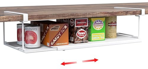SHINEWON Expandable Under Cabinet Shelf, Extendable Under Shelf Storage with 0.94 Inches Thick Clips for Pantry Cabinet, Laundry Room, Shoe Rack.(White, 1 Pack, Interior: 3.66 H x 8.26 D)