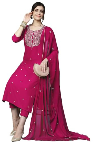GoSriKi Kurta droit brodé en coton mélangé avec pantalon et dupatta pour femme, Rose, L
