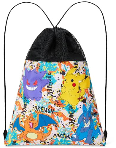Pokémon Mochila con Cuerdas para Niños - Bolsa Pikachu para Nadar, Bolsa de Educación Física Escolar (Negro/Multi)
