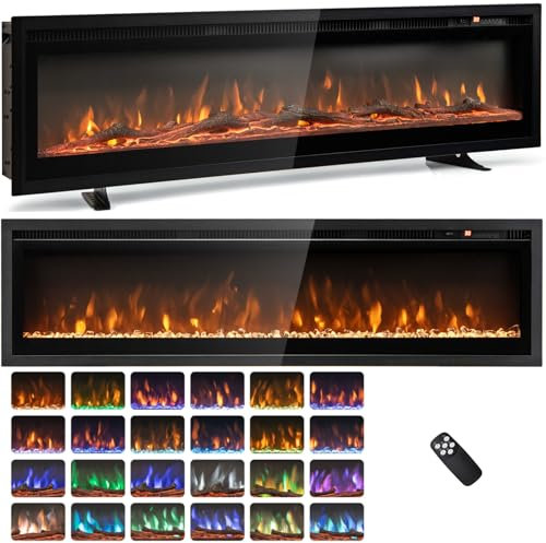 GiantexUK Electric Fireplace, Freestanding Wall Mounted Recessed Electric Fire Heater with 12 Flame Colors, 5 Brightness, Adjustable Thermostat, Remote, 8H Timer, Crystal & Log, 750/1500W (50’’/127cm)