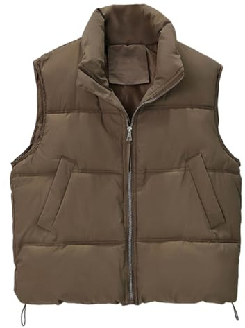 ORANDESIGNE Doudoune sans Manche Femme Gilet en Duvet sans Capuche Gilet Matelassé Décontracté Légère Veste Courte Chaud Manteau Parka Hiver Slim Casual Zip Up Gilet Courte C Café S