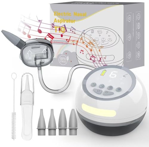 Tisch Nasensauger Baby Elektrisch mit 6 Saugstufen, Elektrischer Nasensauger Baby Staubsauger mit Großem Auffangbehälter, USB-Aufladung mit 4 Silikondüsen, Musik, Weißem Rauschen und Lichtern