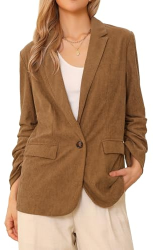 Allegra K Donna Blazer in Velluto a Coste Eleganti Casual a Maniche Lunghe con Un Bottone sul Davanti da Ufficio e da Lavor con Tasche Marrone S