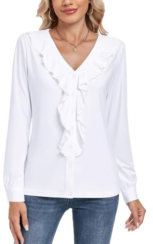 WOWENY Camicetta da Donna con Scollo a V Elegante con Volant a Maniche Lunghe, Camicetta da Donna per Eventi Formali, Maniche Lunghe, Stile Casual, Slim Fit, Camicetta da Donna, Top da Donna, Camicia