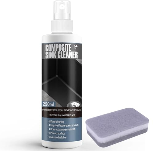 Composite Sink Cleaner, Quartz Worktop Cleaner, Granite Worktop Cleaners, Kitchen Sink Cleaners, with Sponge, Deep Cleaning, for Various Sink Materials Such as Marble, Granite, Artificial Stone, 250ml