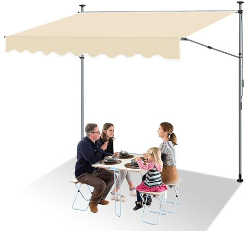 Eikuavons Tenda da sole da balcone, larghezza 350 cm, senza fori, con manovella, per balcone, allungabile fino a 150 cm, protezione solare impermeabile, regolabile in altezza, colore beige