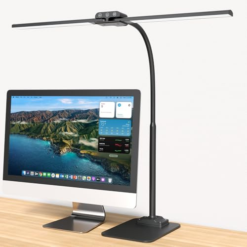 LED Desk Lamp, Double Head with Base, Dimmable Architect Desk Light | Eye Caring Desk Light with Timer, Adjustable Brightness Monitor Lamp for Office, Study, Reading and Home Workspace Black